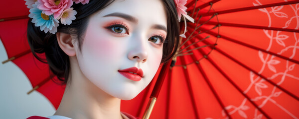 Closeup of elegant geisha with traditional makeup and floral hair accessories holding red umbrella, showcasing delicate beauty and cultural grace