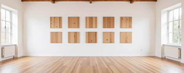 Modern gallery interior with nine wooden square panels on white wall and natural light from windows creating calm atmosphere