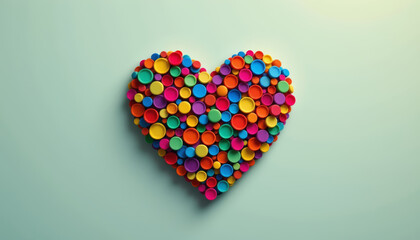 Colorful heart shape made from many small round objects on light background, vibrant and cheerful design with playful mood