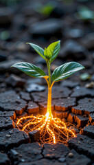 Young green seedling with glowing roots growing from cracked dry soil, symbolizing hope and powerful growth in harsh conditions
