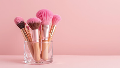 Makeup brush set with soft pink bristles in clear glass container on pastel pink background, evoking beauty and elegance