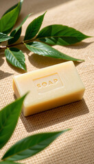 Natural soap bar with green leaves on woven mat background, fresh and clean concept with sunlight and shadow play