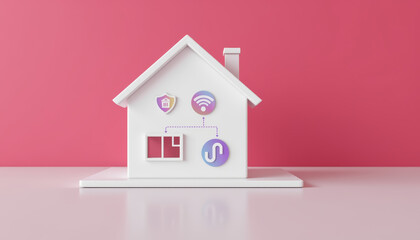 Smart home concept with white house model and icons for security, wifi, and connectivity on pink background, modern design