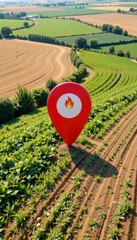 Fire hazard warning marker in green agricultural field with various crops and rural landscape under clear sky