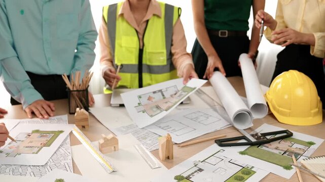Smart architect and safety engineer discussion about building blueprint on table with architectural document, measurement tools and wooden block scatter around at modern office. Closeup. Delineation.