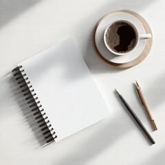 White spiral notebook with coffee cup pencil and pen
