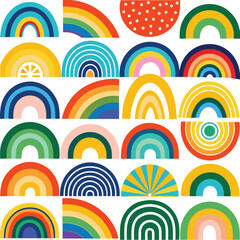 Rainbow vector geometric seamless patterns collection. Set of bright colorful backgrounds with modern minimal labels. Cute abstract geometrical textures. Simple pattern design for babies, kids, decor