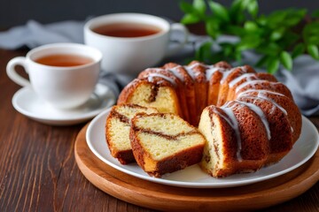 Delicious marble bundt cake with sugar glaze and two cups of tea on wooden table