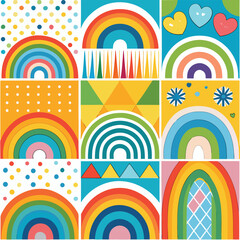 Rainbow vector geometric seamless patterns collection. Set of bright colorful backgrounds with modern minimal labels. Cute abstract geometrical textures. Simple pattern design for babies, kids, decor