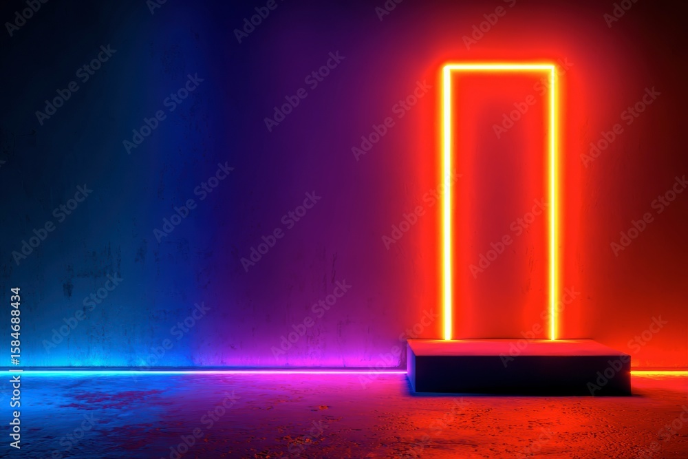 Poster neon geometric abstraction: a vivid and modern abstract composition featuring a bright, neon-lit rec