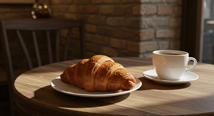 A Croissant and Coffee Embrace: A freshly baked croissant rests elegantly on a plate beside a...
