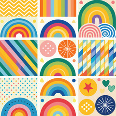 Rainbow vector geometric seamless patterns collection. Set of bright colorful backgrounds with modern minimal labels. Cute abstract geometrical textures. Simple pattern design for babies, kids, decor