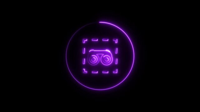Glowing neon Binoculars line icon inside circle animation, vertical video animation, for web use for spy, observe, watch. vertical video animation.