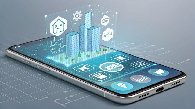 Smartphone displaying holographic city buildings and icons on a blue background design - Powered by Adobe