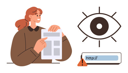 Woman holding and pointing at a document, emphasizing clarity. Accompanied by an eye icon and a warning triangle near a URL link. Ideal for online security, privacy, data safety, phishing awareness