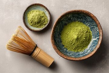A bowl of green powder is on a table next to a tea brush