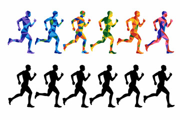 Obraz premium Colorful polygonal and silhouette figures of runners in motion, showcasing abstract athletic representations against a white background.