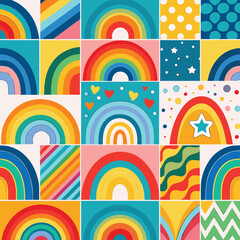 Rainbow vector geometric seamless patterns collection. Set of bright colorful backgrounds with modern minimal labels. Cute abstract geometrical textures. Simple pattern design for babies, kids, decor