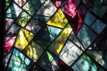Close-up view of vibrant stained glass window.