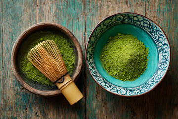 Two bowls of green powder, one with a bamboo whisk, sit on a wooden table