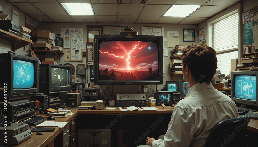 Poster s a man sitting at a desk in front of a computer