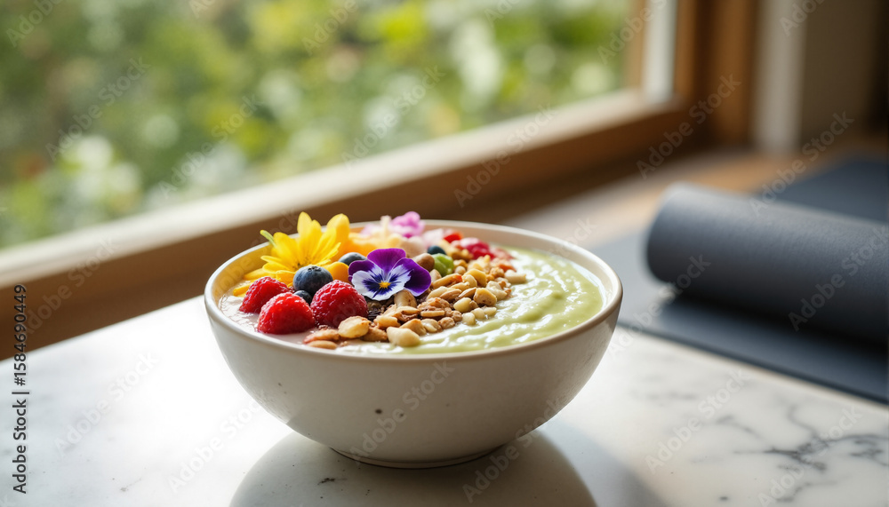 Poster s a bowl of green smoothie with berries and nuts on a table in front of a window. the bowl is filled