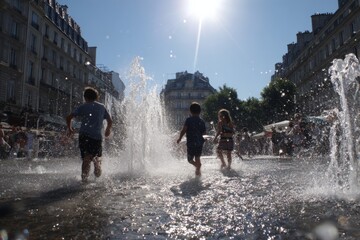 Children playing in the fountain square in the scorching sun in Paris , Generative AI
