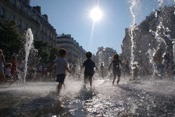 Children playing in the fountain square in the scorching sun in Paris , Generative AI
