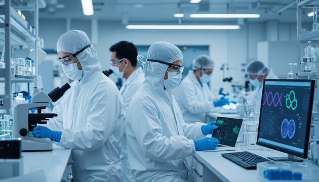 s a group of people in white lab coats and masks working in a laboratory. They are wearing masks
