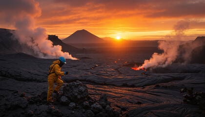 s a man in a yellow suit and blue helmet standing on top of a lava field