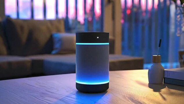 An intelligent, sleek audio device takes center stage on a wooden table, casting a soft, ambient glow.