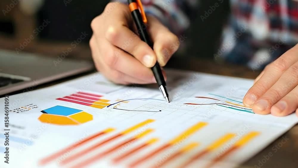 Poster hands expertly navigate a financial report, tracing data with a precise pen, charting progress and p