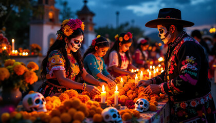 s a group of people dressed in traditional Day of the Dead costumes lighting candles at a table adorned with flowers