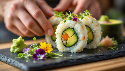 s a person putting a piece of sushi on top of a black plate