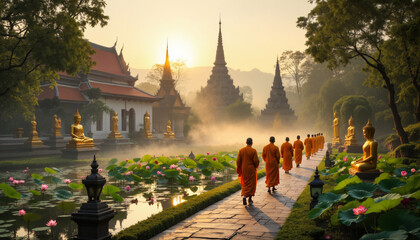 s Buddhist monks walking along a path in front of a temple