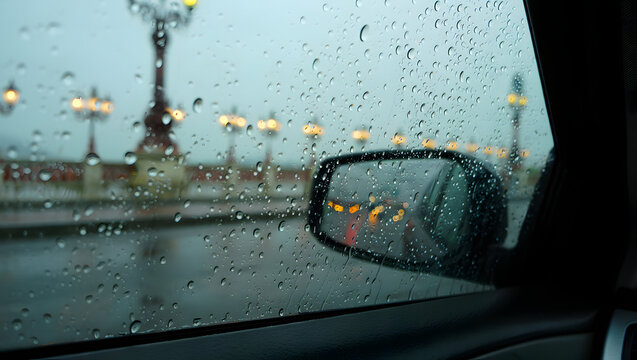 Raindrops on a car window with a blurred view of a bridge and streetlights in the background, seen through the side mirror. - Powered by Adobe