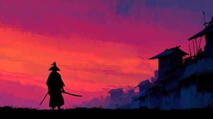 Silhouette of a samurai at sunset over a village