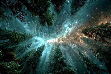 A beautiful tunnel of light through a misty forest path with green trees and morning sunlight