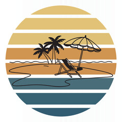 summer vector illustration sea beach palm trees, chair and beach umbrella summer vintage t shirt design ,mug design, poster design
