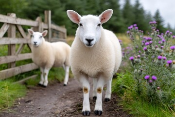 Fototapeta premium Sheep standing on dirt road near wooden fence and thistle flowers