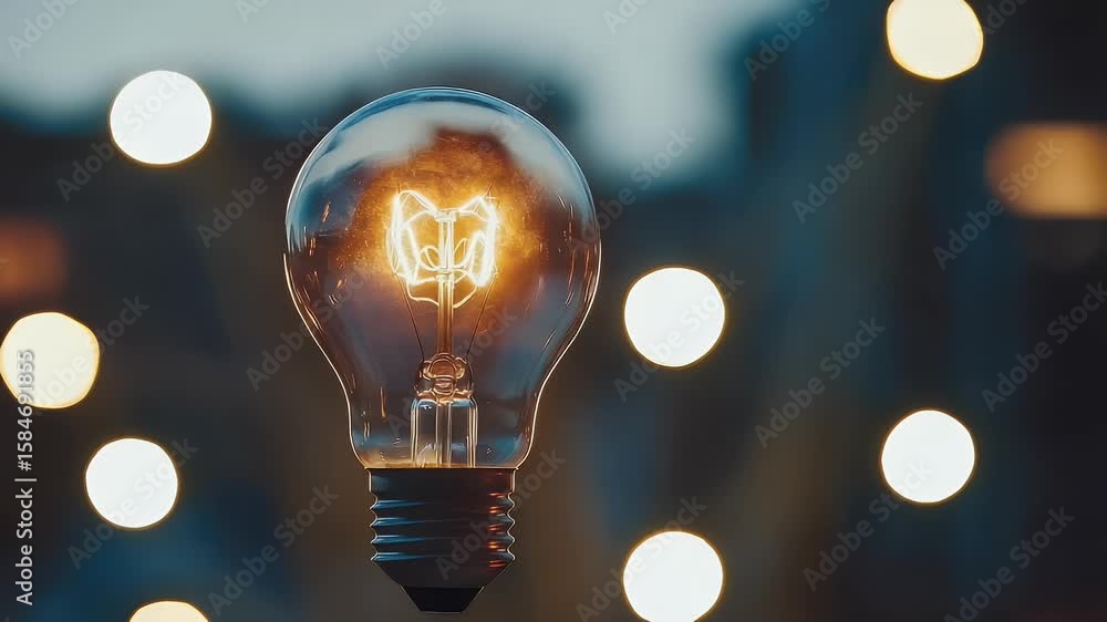 Poster glowing lightbulb with filament illuminated against a blurry background of yellow and blue bokeh cir