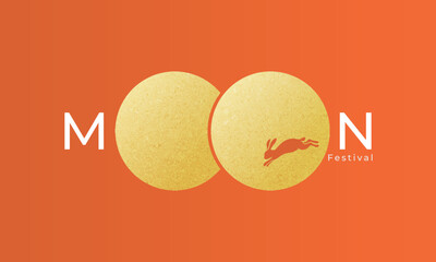 Energetic Mid Autumn Festival vector banner with golden full moon typography and rabbit silhouettes on an orange background. Moon Festival.