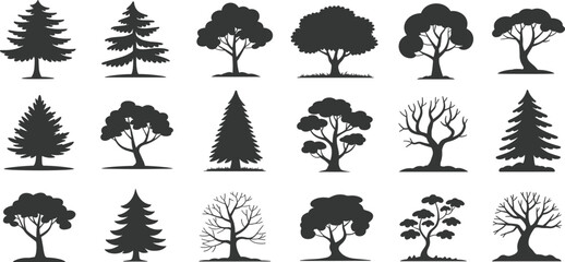 Stylish Tree Silhouette Collection: Minimalist Black and White Illustrations for Design Projectsue Designs for Creative Projects
