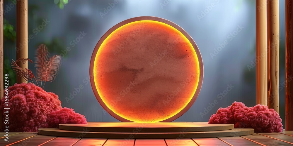 Poster mystical portal in lush setting: a captivating illuminated portal stands as the focal point within a