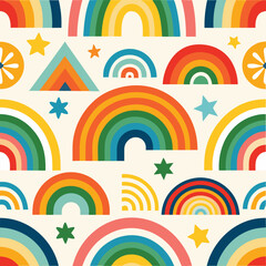 Rainbow vector geometric seamless patterns collection. Set of bright colorful backgrounds with modern minimal labels. Cute abstract geometrical textures. Simple pattern design for babies, kids, decor