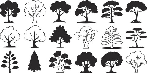 Stylish Tree Silhouette Collection: Minimalist Black and White Illustrations for Design Projectsue Designs for Creative Projects