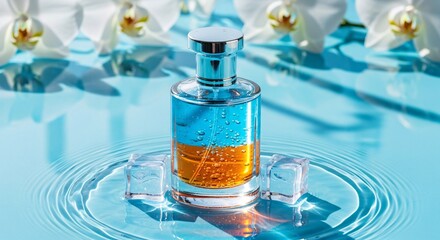Perfume bottle photography blue and orange fragrance product shot with ice cubes and white orchids view