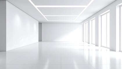 A clean, modern, empty white room with large windows and recessed ceiling lights, creating a bright and minimalist atmosphere.