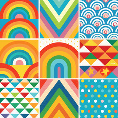 Rainbow vector geometric seamless patterns collection. Set of bright colorful backgrounds with modern minimal labels. Cute abstract geometrical textures. Simple pattern design for babies, kids, decor