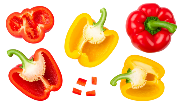 Assorted Bell Peppers: Sliced Red and Yellow, Whole Red, with Visible Seeds